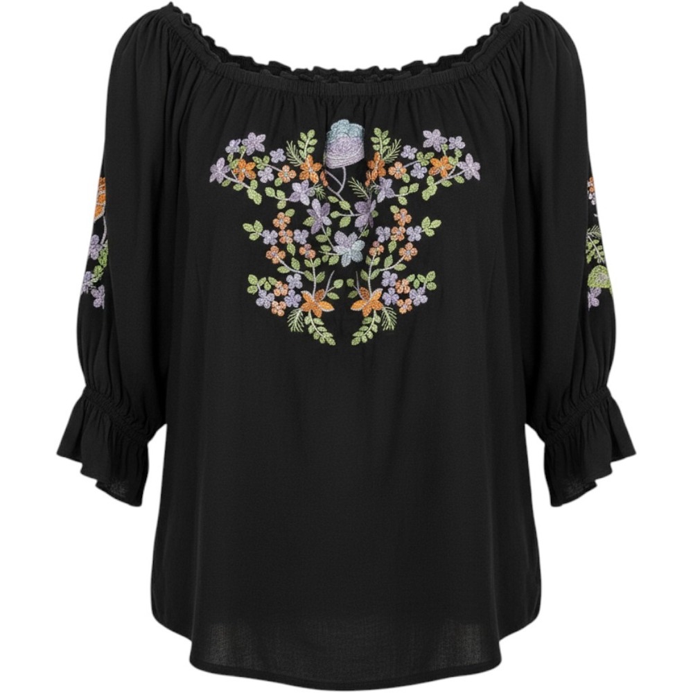 Giocam Sorrento Embroidered Peasant Blouse Women Medium Black Cotton Boho Top